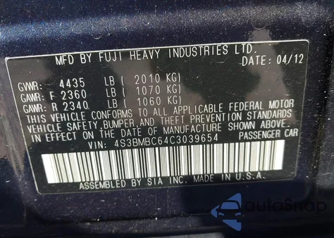 2012 Subaru Legacy 2.5I Premium from USA, damaged, VIN 4S3BMBC64C3039654